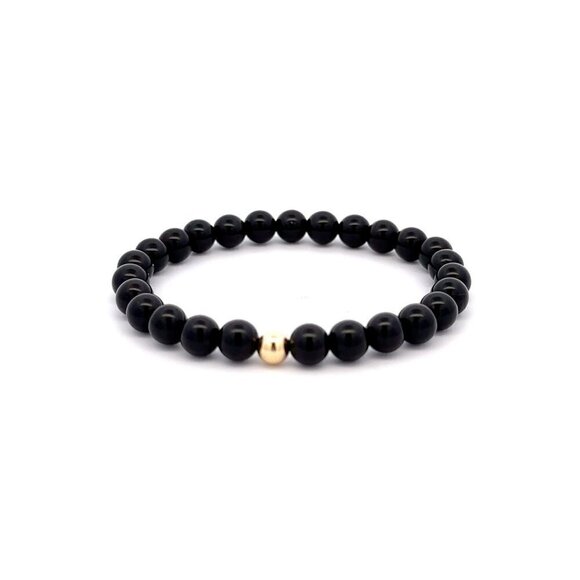Natural Obsidian Gemstones 6mm Stretchable Bracelet 18k Gold Bead Charm - Picture 1 of 5